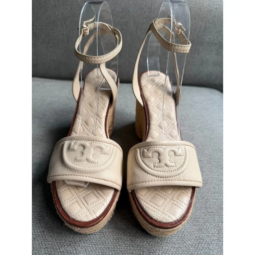 Tory Burch Fleming Nappa Leather Platform Espadrille Wedge Sandals Cream Sz 8.5